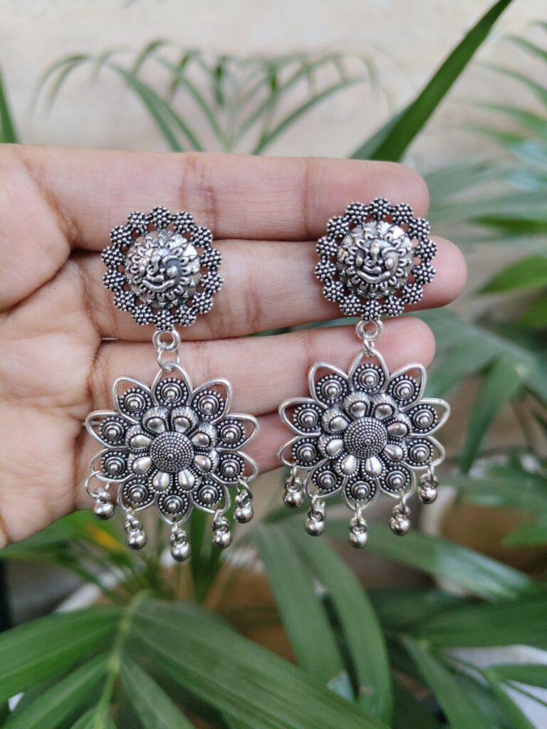 German Silver Flower Dangler Earrings for Women with Traditional Ethnic Design