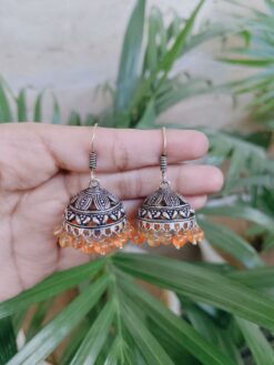 Elegant Silver Plated Jhumka Earrings Featuring Charming Orange Pearl Accents