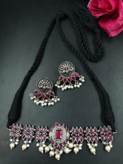 Silver Plated Boho Style Choker Necklace with Elegant Stone and Pearl Work