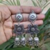 Floral Art German Silver Hanging Jhumka Earrings with Elegant Pearl Work