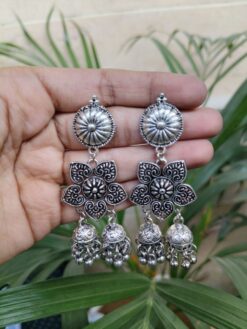 Floral Art German Silver Hanging Jhumka Earrings with Elegant Pearl Work