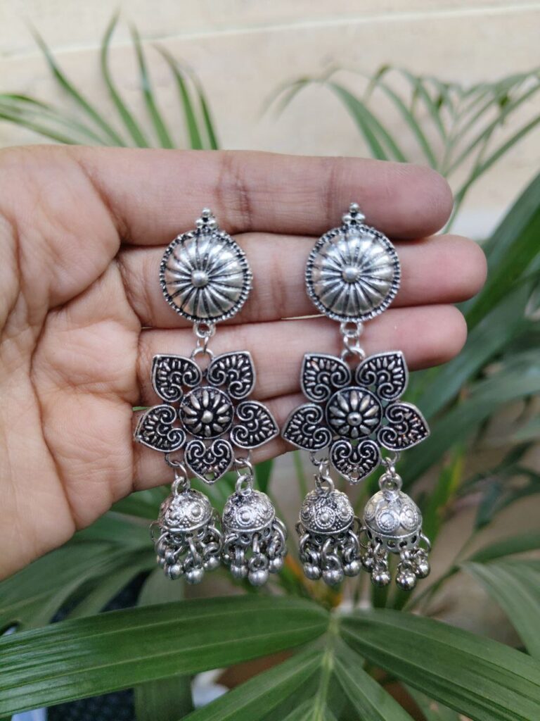 Floral Art German Silver Hanging Jhumka Earrings with Elegant Pearl Work