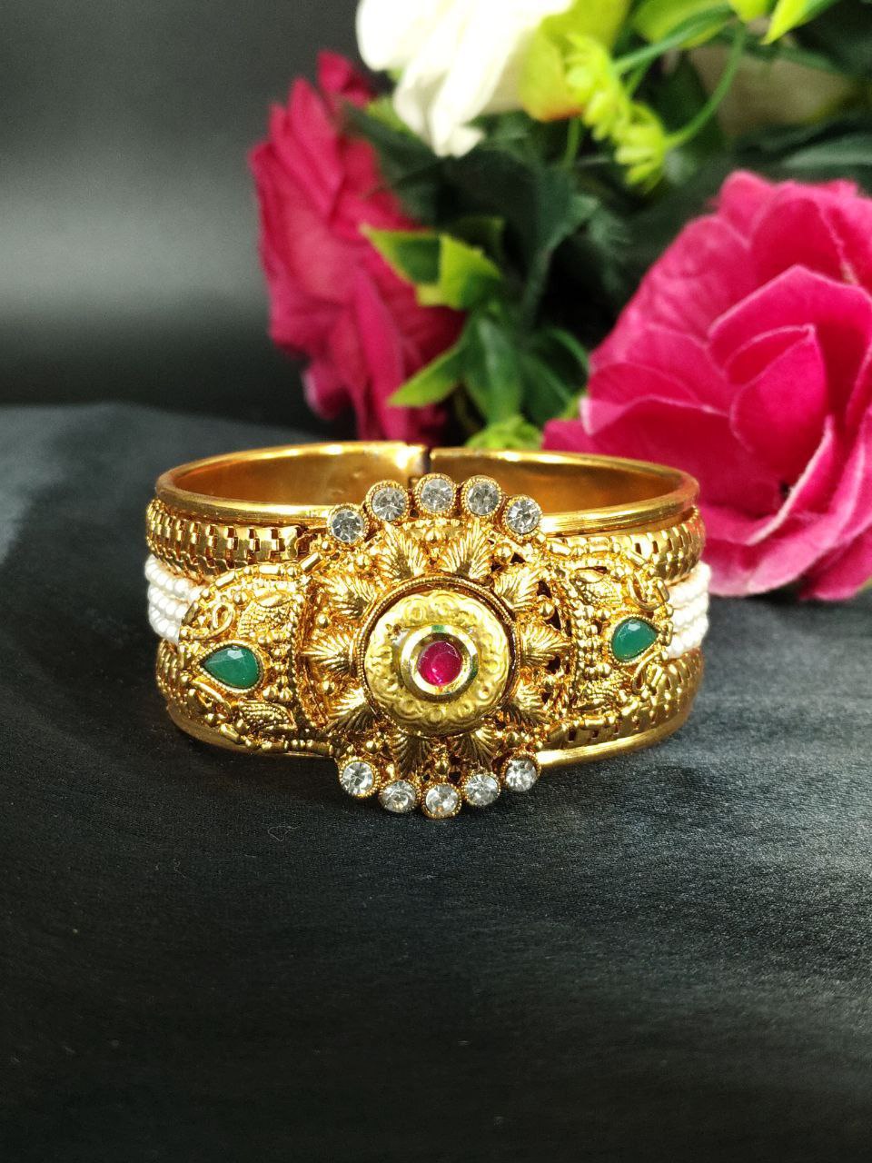 Gold Plated Openable Bangle with Elegant Stone Detailing for Festive Party Wear 1 Gold Plated Openable Bangle with Elegant Stone Detailing for Festive Party Wear