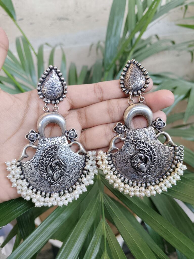 Traditional Art Peacock Design Dangler Earrings with Elegant Pearl Work
