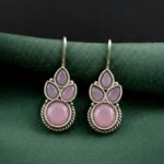 Bulk 14 Traditional Silver Replica Hook Earrings | Stone Work Best Daily Wear Jewelry For Girls - "Baby Pink"