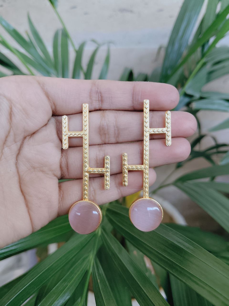 Gold Plated Geometric Design Dangler Earrings with Stylish and Beautiful Stone Work 1 Gold Plated Geometric Design Dangler Earrings with Stylish and Beautiful Stone Work