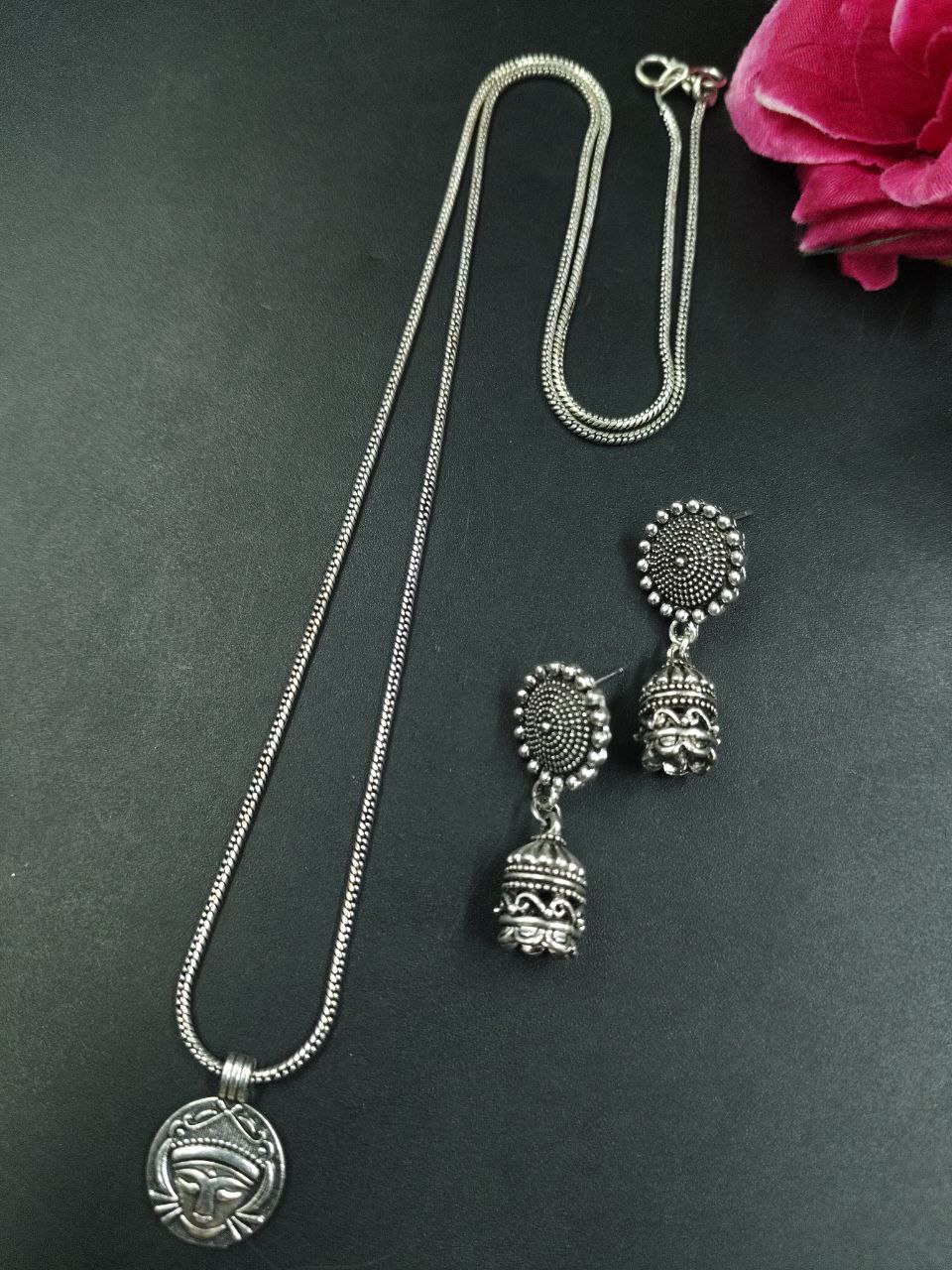 Maa Durga German Silver Chain Pendant Necklace Set for Women Traditional Ethnic Jewelry 1 Maa Durga German Silver Chain Pendant Necklace Set for Women Traditional Ethnic Jewelry
