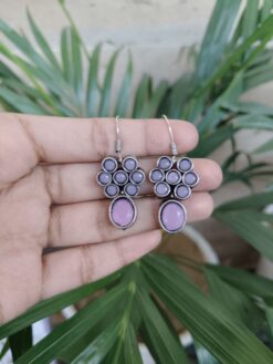 Modern Silver Plated Hook Earrings with Geometric Art Detailing and Elegant Stone Work