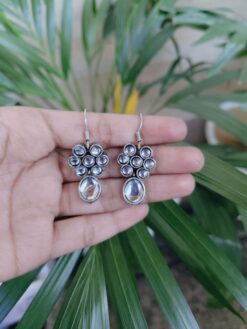 Silver Plated Geometric Art Hook Earrings with Stylish Stone Work for Women