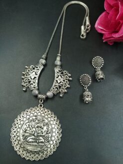 Ganesha Floral Art Ghungroo German Silver Chain Pendant Necklace Set for Women Traditional Ethnic Jewelry