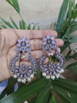 Silver Plated Boho Style Floral Dangler Earrings with Elegant Stone and Pearl Work