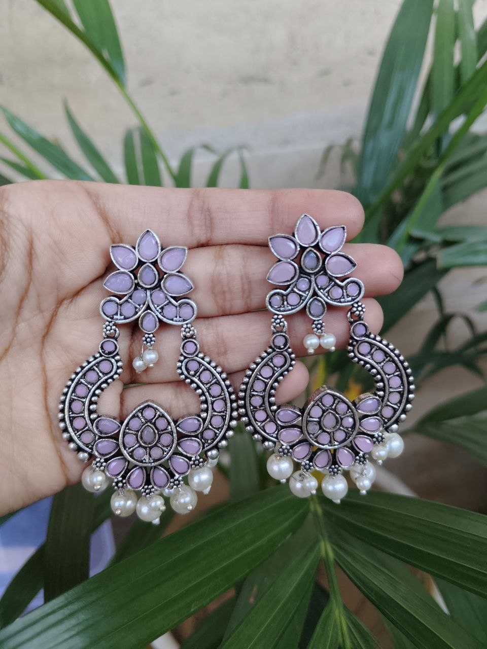 Silver Plated Boho Style Floral Dangler Earrings with Elegant Stone and Pearl Work 1 Silver Plated Boho Style Floral Dangler Earrings with Elegant Stone and Pearl Work