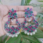 Silver Plated Traditional Art Dangler Earrings with Beautiful Stone and Pearl Work