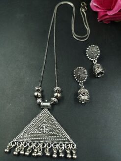 Triangle Shape Ghungroo German Silver Chain Pendant Necklace Set for Women