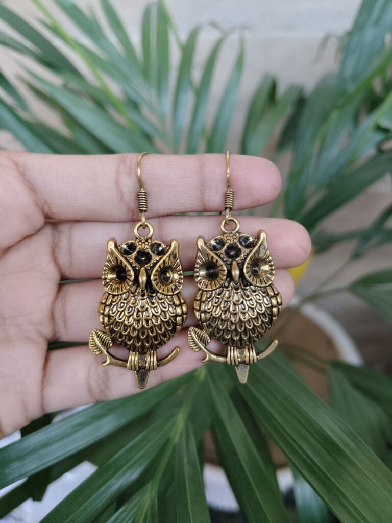 Gold Plated Tribal Design Hook Earrings in Oxidized Owl Style for Women