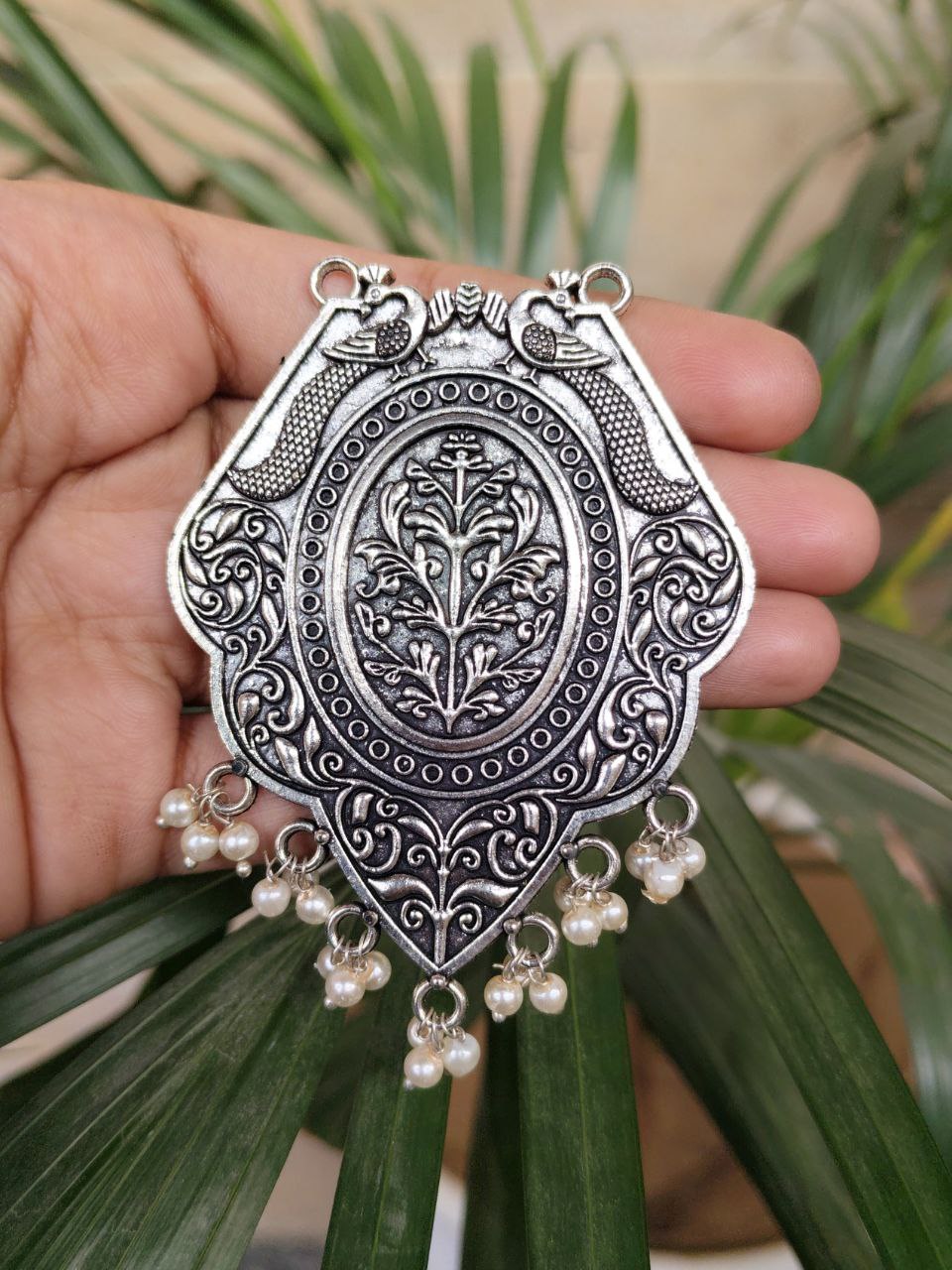 Peacock Design German Silver Pendant with Pearl Work for DIY Jewelry Making 2 Peacock Design German Silver Pendant with Pearl Work for DIY Jewelry Making - Image 2