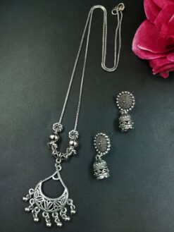 Ghungroo German Silver Chain Pendant Necklace Set for Women