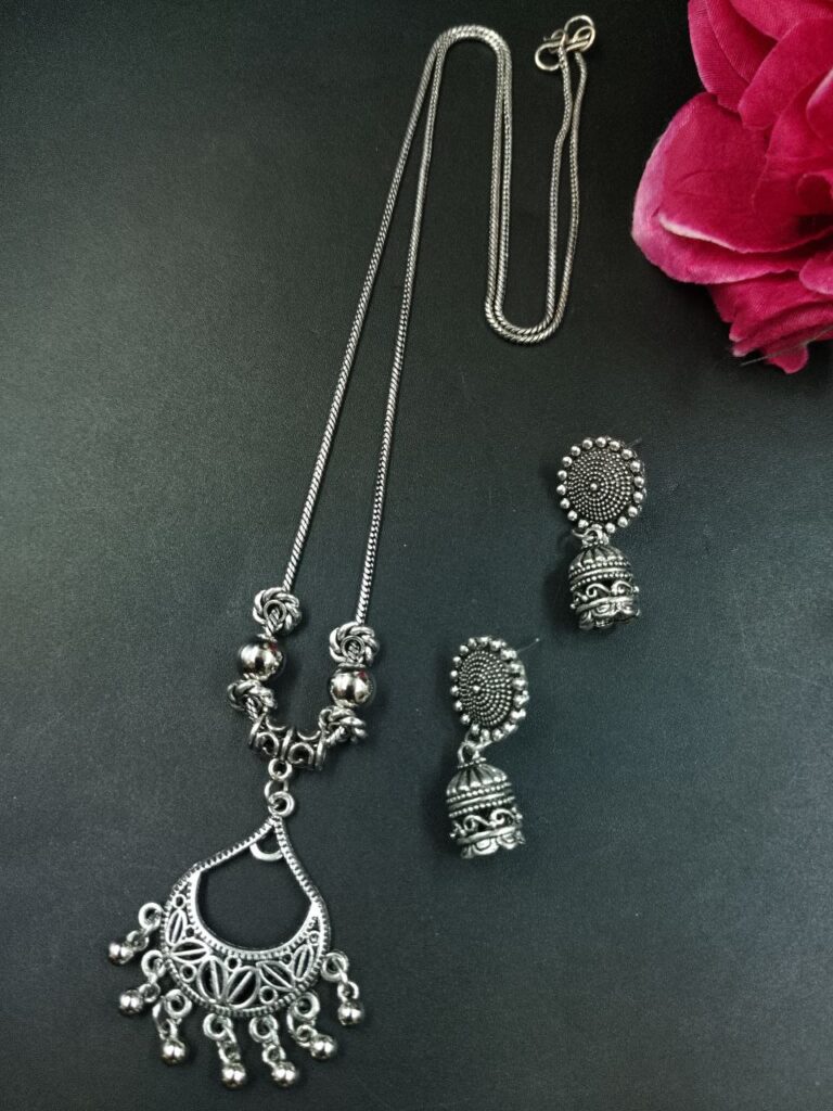 Ghungroo German Silver Chain Pendant Necklace Set for Women