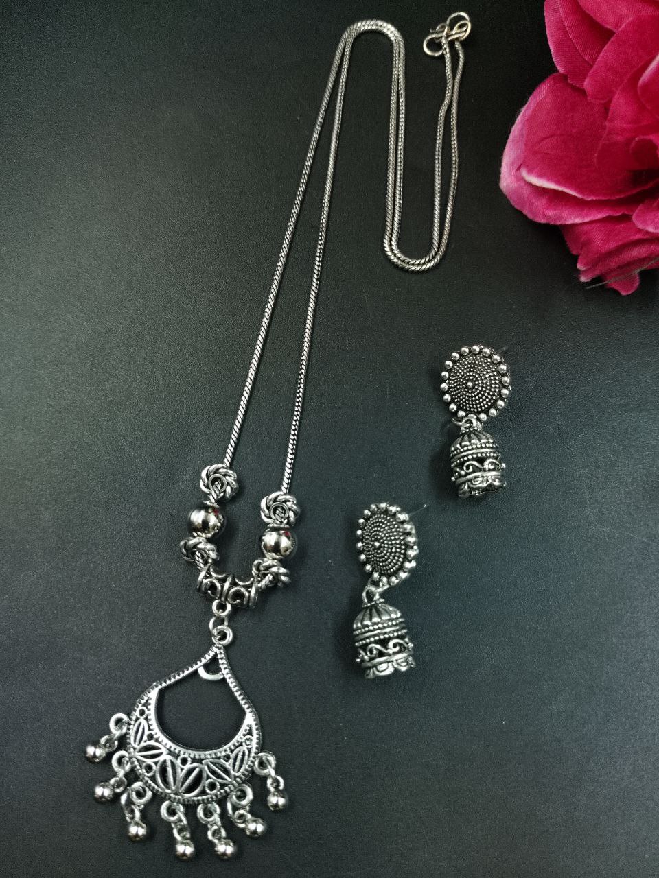 Ghungroo German Silver Chain Pendant Necklace Set for Women 1 Ghungroo German Silver Chain Pendant Necklace Set for Women