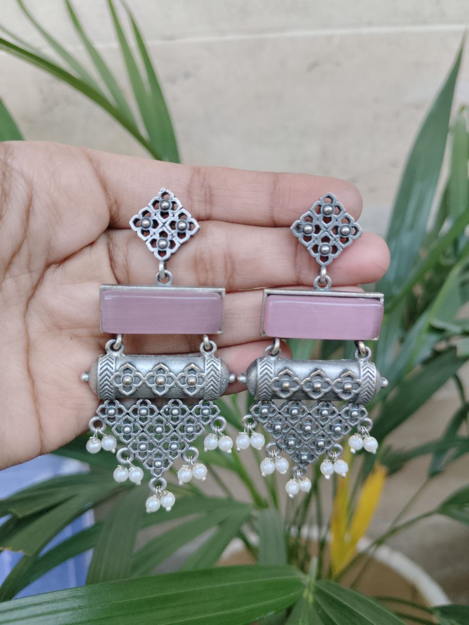 Silver Plated Floral Art Dangler Earrings with Elegant Stone and Pearl Work for Women 1 Silver Plated Floral Art Dangler Earrings with Elegant Stone and Pearl Work for Women