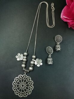 Flower Charm German Silver Chain Pendant Necklace Set for Women Traditional Ethnic Jewelry