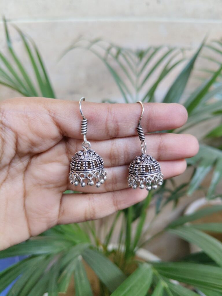German Silver Jhumki Hook Earrings for Women with Traditional Ethnic Style