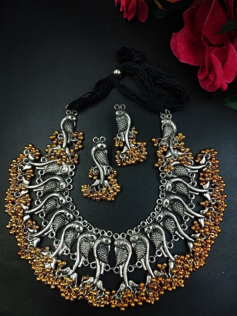 German Silver Peacock Thread Necklace for Women with Traditional Ethnic Style