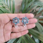 Beautiful Flower Design Silver Plated Stud Earrings with Stone and Pearl Work
