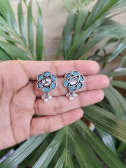 Beautiful Flower Design Silver Plated Stud Earrings with Stone and Pearl Work