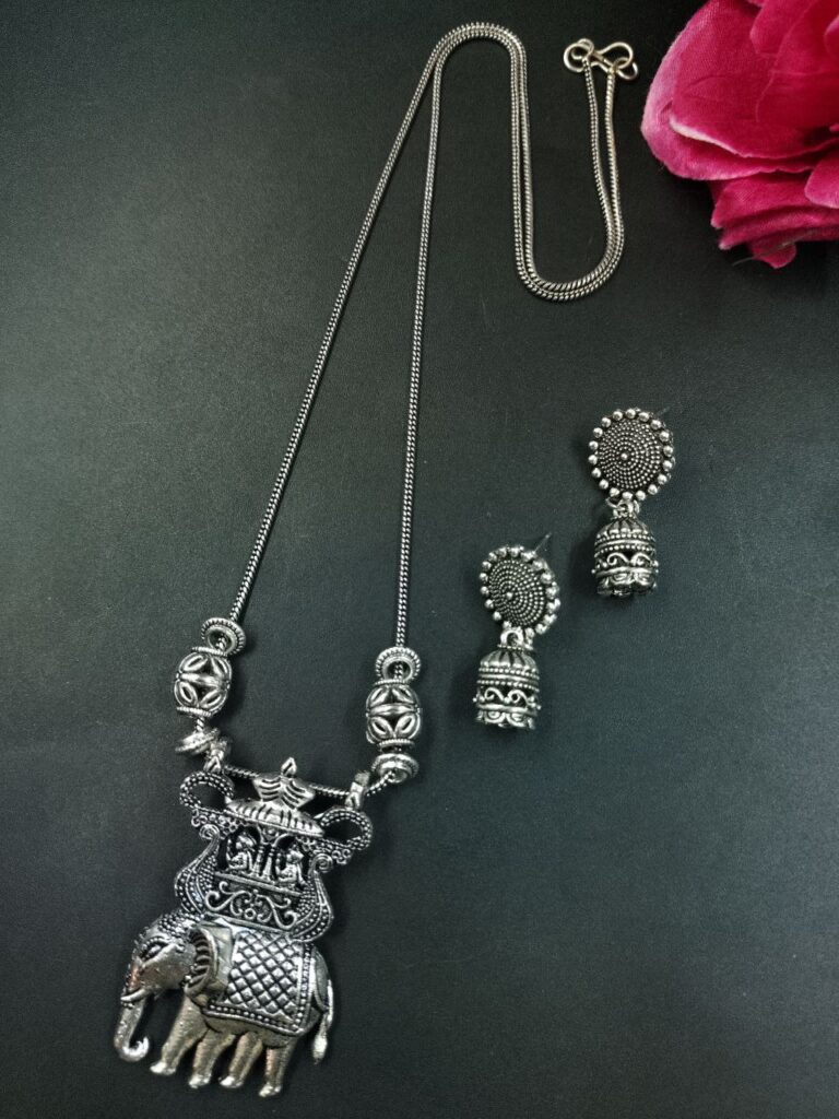 Elephant Design German Silver Chain Pendant Necklace Set for Women Traditional Ethnic Jewelry