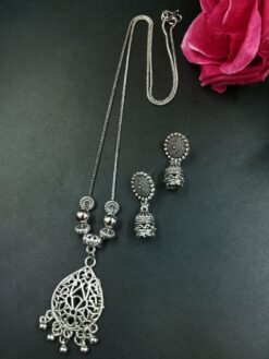 Floral Art Ghungroo German Silver Chain Pendant Necklace Set for Women