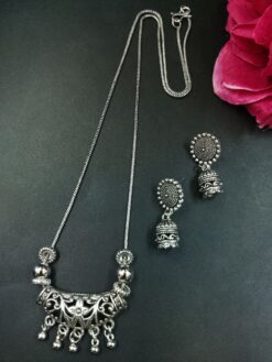 Unique Floral Art Ghungroo German Silver Chain Pendant Necklace Set for Women Traditional Ethnic Jewelry