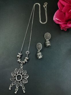Leaf Design Ghungroo German Silver Chain Pendant Necklace Set for Women Traditional Ethnic Jewelry