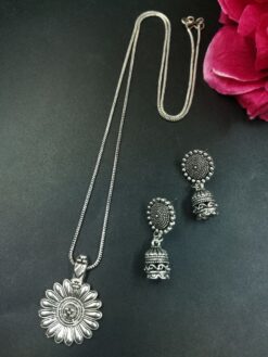 Flower Design German Silver Chain Pendant Necklace Set for Women Traditional Ethnic Jewelry
