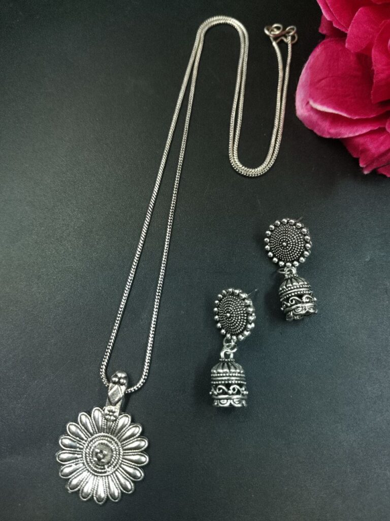 Flower Design German Silver Chain Pendant Necklace Set for Women Traditional Ethnic Jewelry
