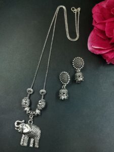 Elephant Design German Silver Chain Pendant Necklace Set for Women
