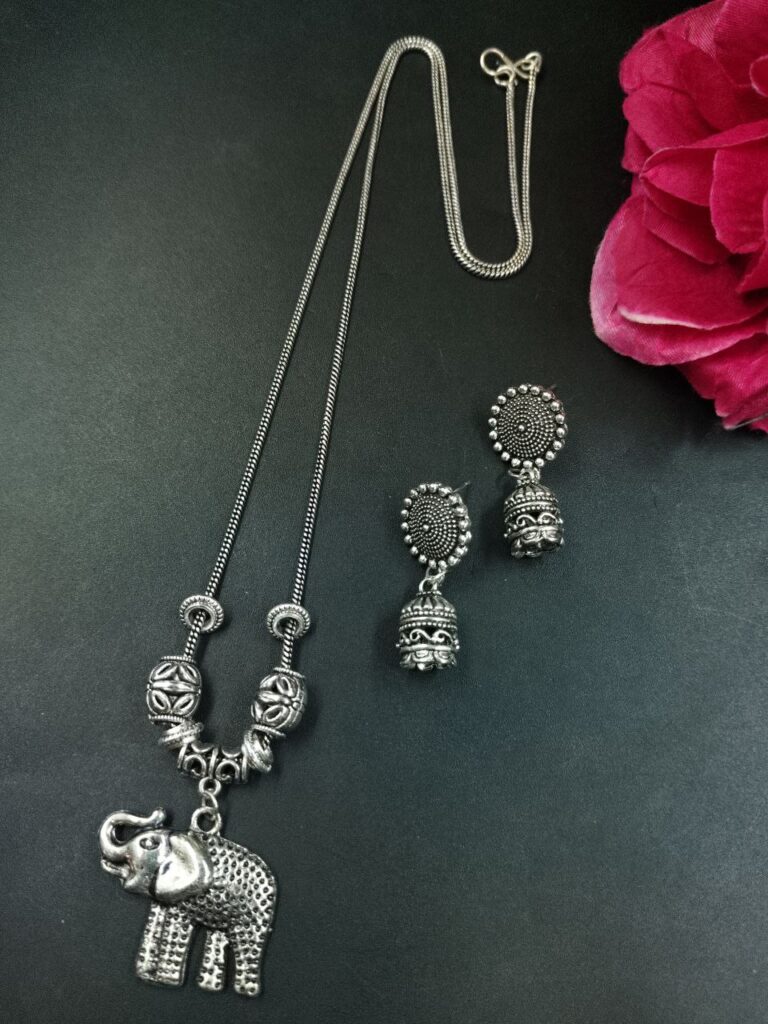 Elephant Design German Silver Chain Pendant Necklace Set for Women