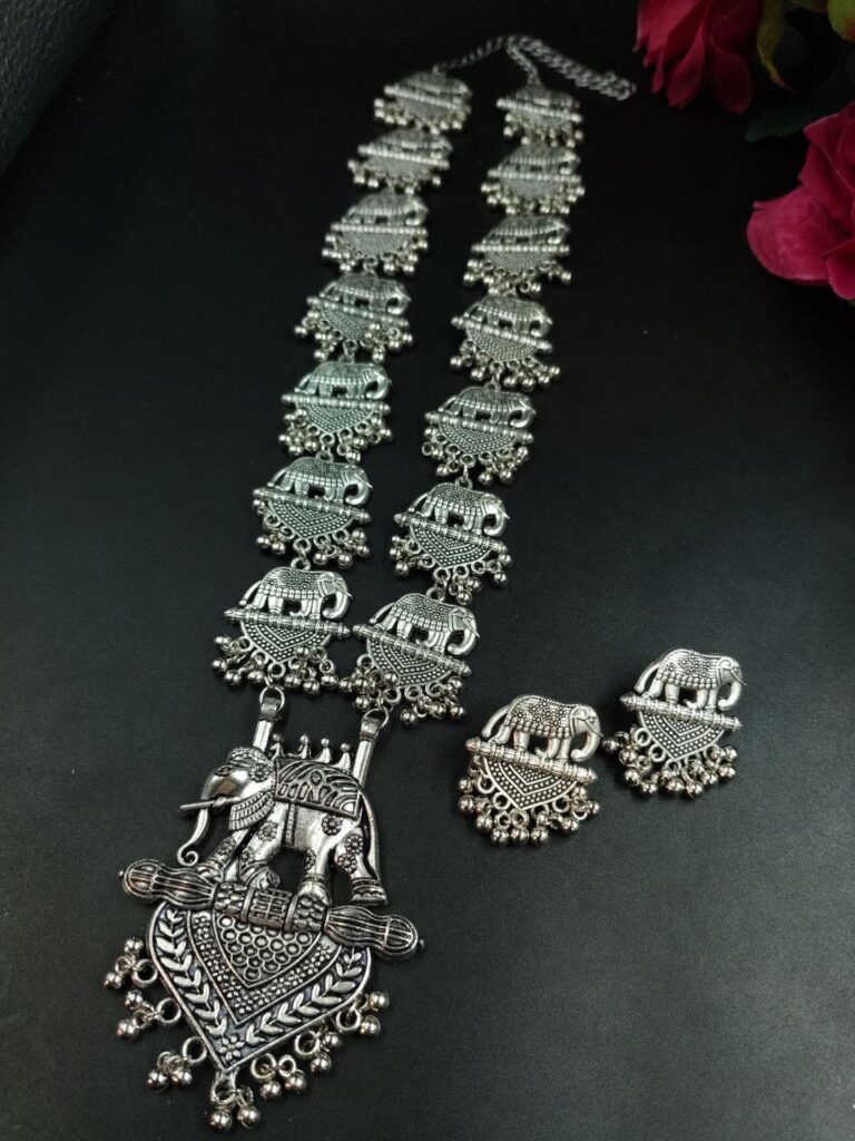 Elephant Ghungroo Design German Silver Necklace Set for Women Traditional Ethnic Jewelry
