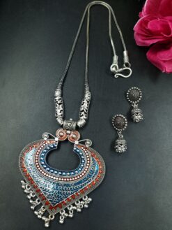 Oxidized Silver Plated Meenakari Chain Pendant with Elegant Pearl Work Design