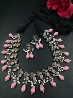 Adjustable Thread Oxidized Necklace Set with Stone and Pearl Work for Women Traditional Ethnic Jewelry