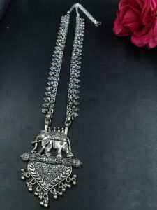 Oxidized Elephant Design Silver Plated Chain Necklace for Traditional and Ethnic Jewelry