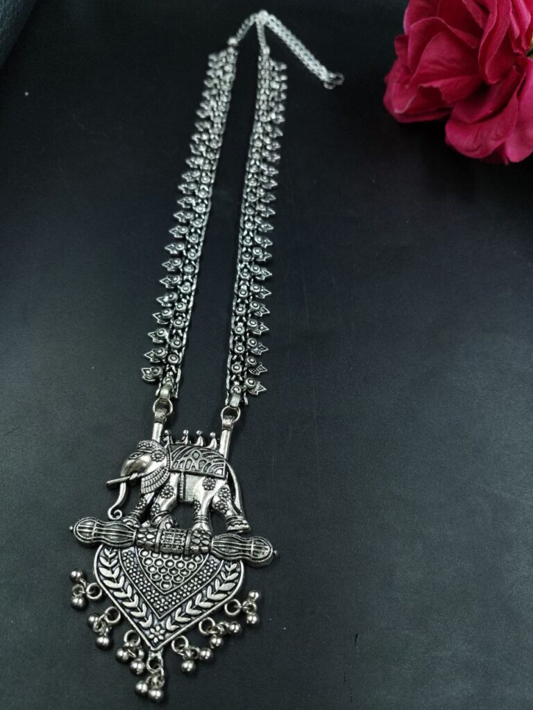 Oxidized Elephant Design Silver Plated Chain Necklace for Traditional and Ethnic Jewelry