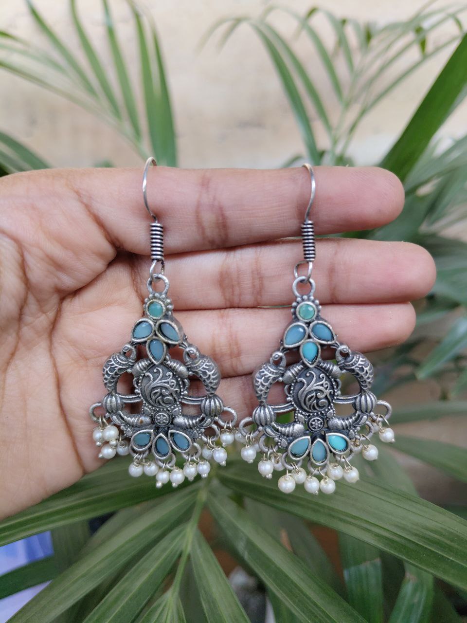 Graceful Peacock Design Silver Plated Hook Earrings with Stone and Pearl Work 1 Graceful Peacock Design Silver Plated Hook Earrings with Stone and Pearl Work