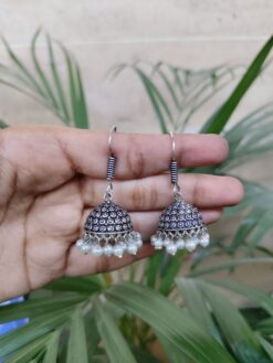Boho Style Silver Plated Jhumka Earrings with Elegant Pearl Work Traditional Detailing