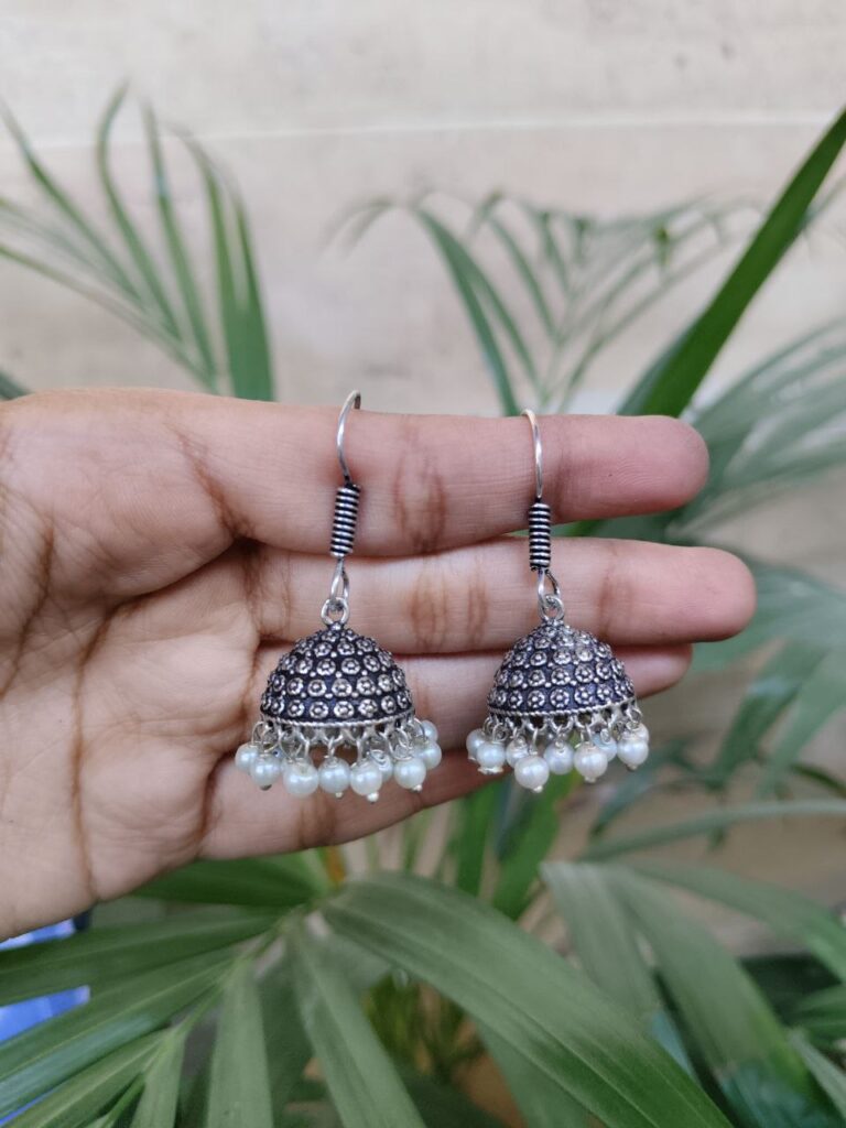 Boho Style Silver Plated Jhumka Earrings with Elegant Pearl Work Traditional Detailing