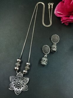 Unique Flower Design German Silver Chain Pendant Necklace for Women Traditional Ethnic Jewelry