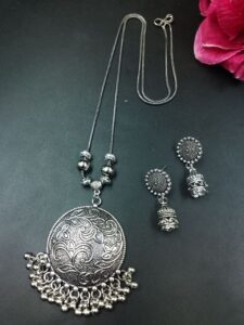 Round Floral Art Ghungroo German Silver Chain Pendant Necklace for Women