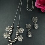 Flower Charm Oxidized German Silver Chain Necklace Set for Women Traditional Ethnic Jewelry