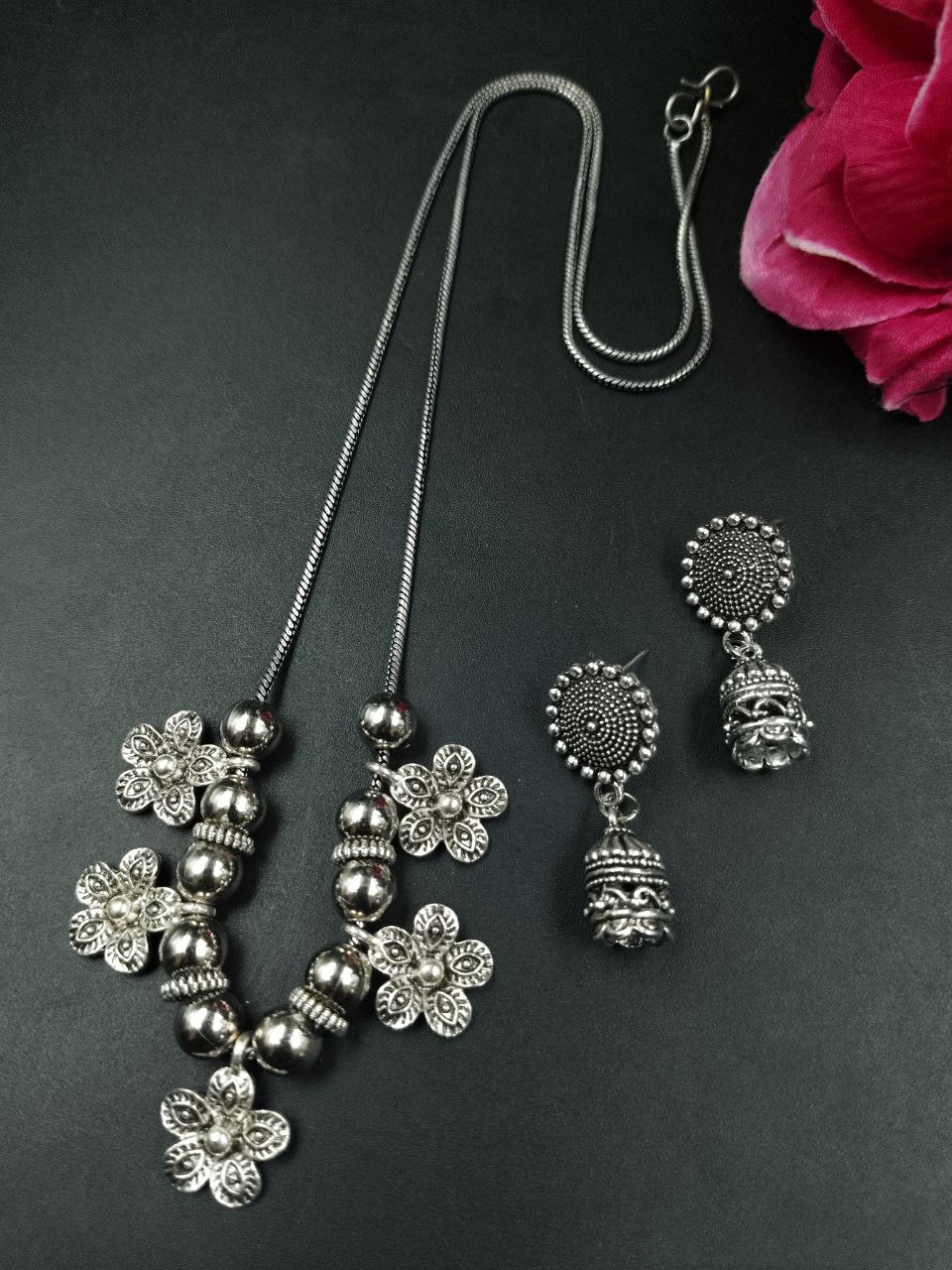 Flower Charm Oxidized German Silver Chain Necklace Set for Women Traditional Ethnic Jewelry 1 Flower Charm Oxidized German Silver Chain Necklace Set for Women Traditional Ethnic Jewelry