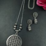 Round Shape Oxidized German Silver Chain Necklace Set for Women Traditional Ethnic Jewelry